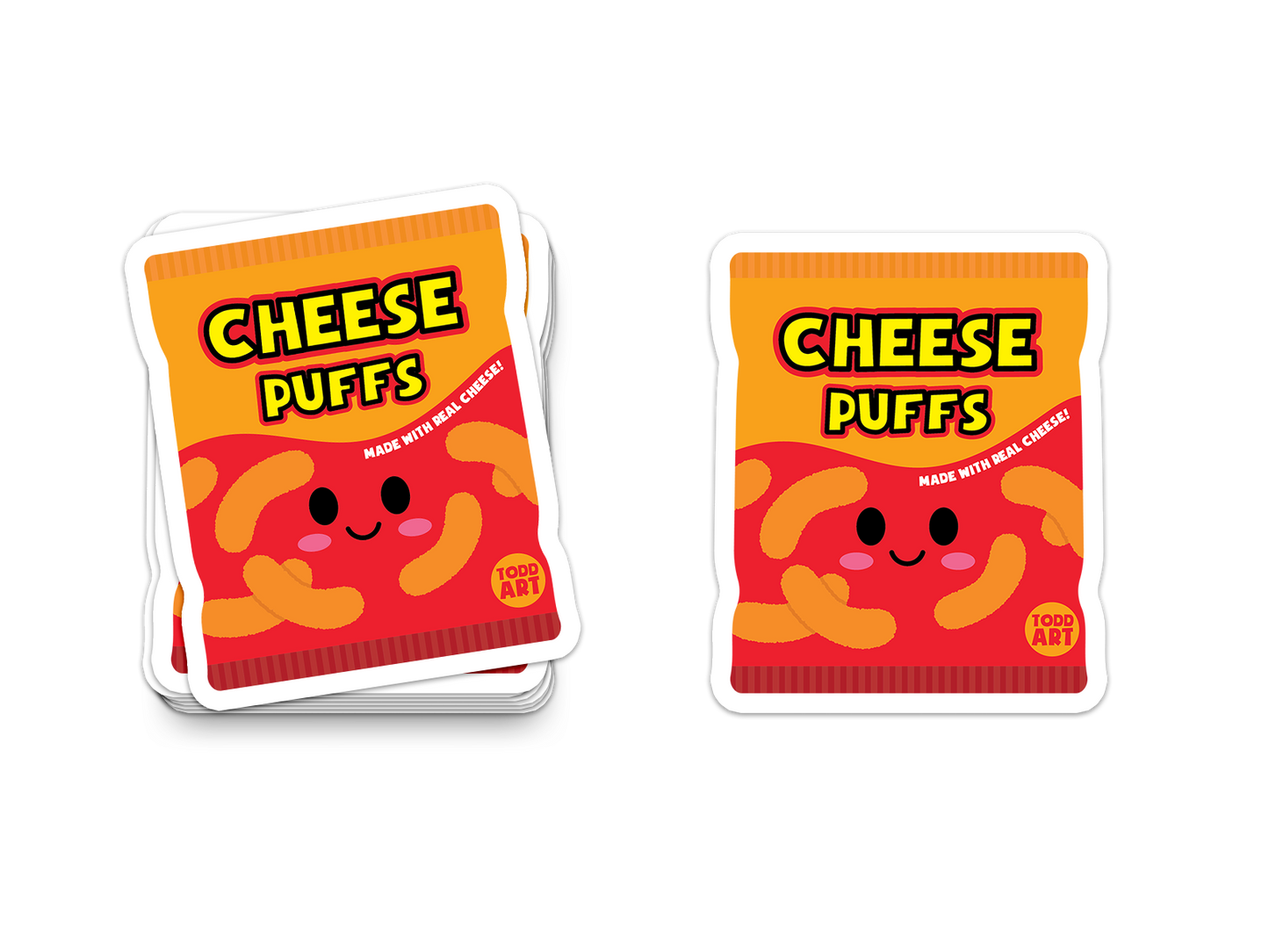 Bright cheese puffs snack bag with cute face – fun junk food collectible sticker