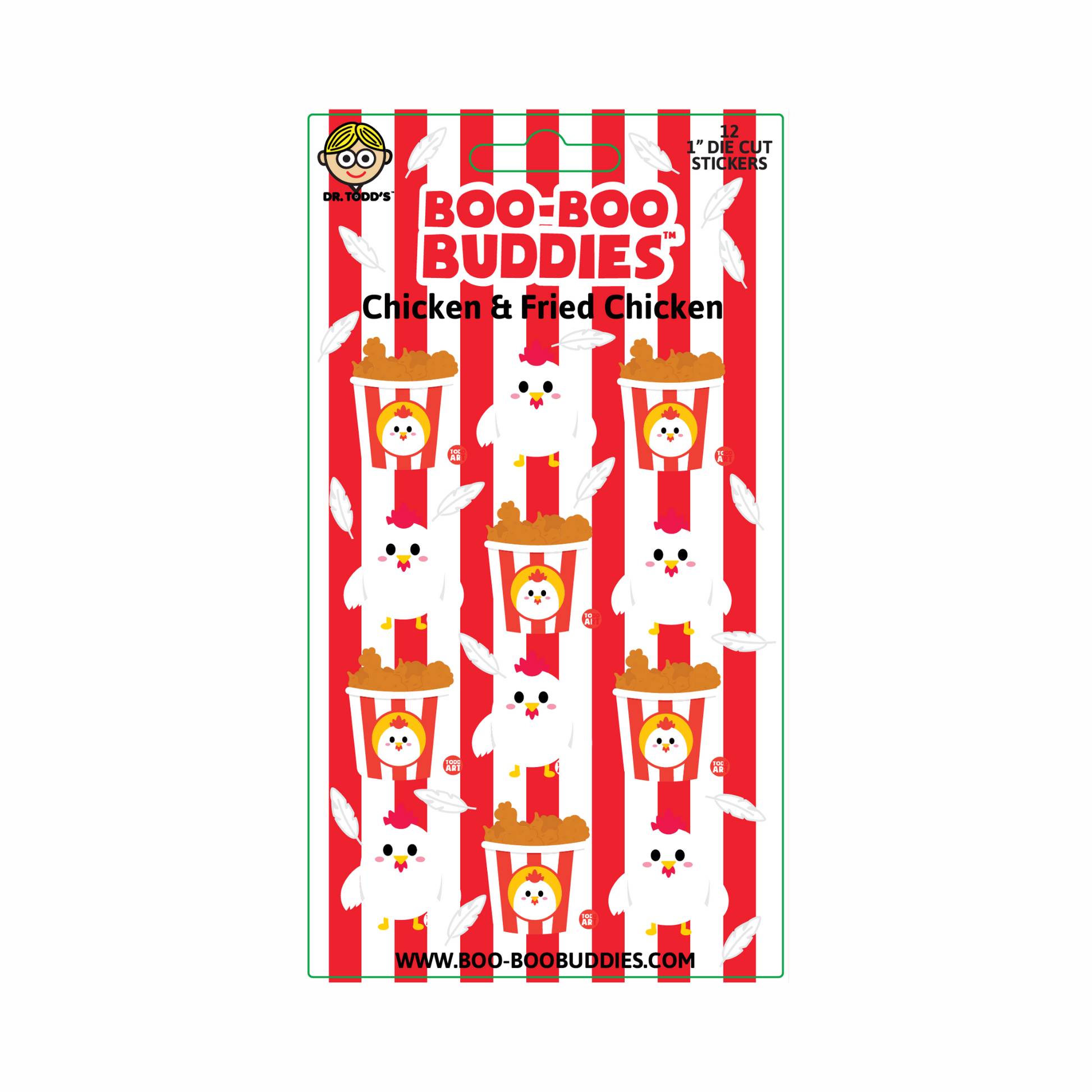 Boo-Boo Buddies® Chicken & Fried Chicken Sticker Sheet featuring 12 hilarious 1-inch stickers—includes cartoon chickens and buckets of crispy fried chicken, perfect for lunchbox laughs, party favors, crafts, and collectors of funny food stickers