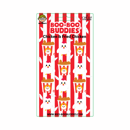 Boo-Boo Buddies® Chicken & Fried Chicken Sticker Sheet featuring 12 hilarious 1-inch stickers—includes cartoon chickens and buckets of crispy fried chicken, perfect for lunchbox laughs, party favors, crafts, and collectors of funny food stickers