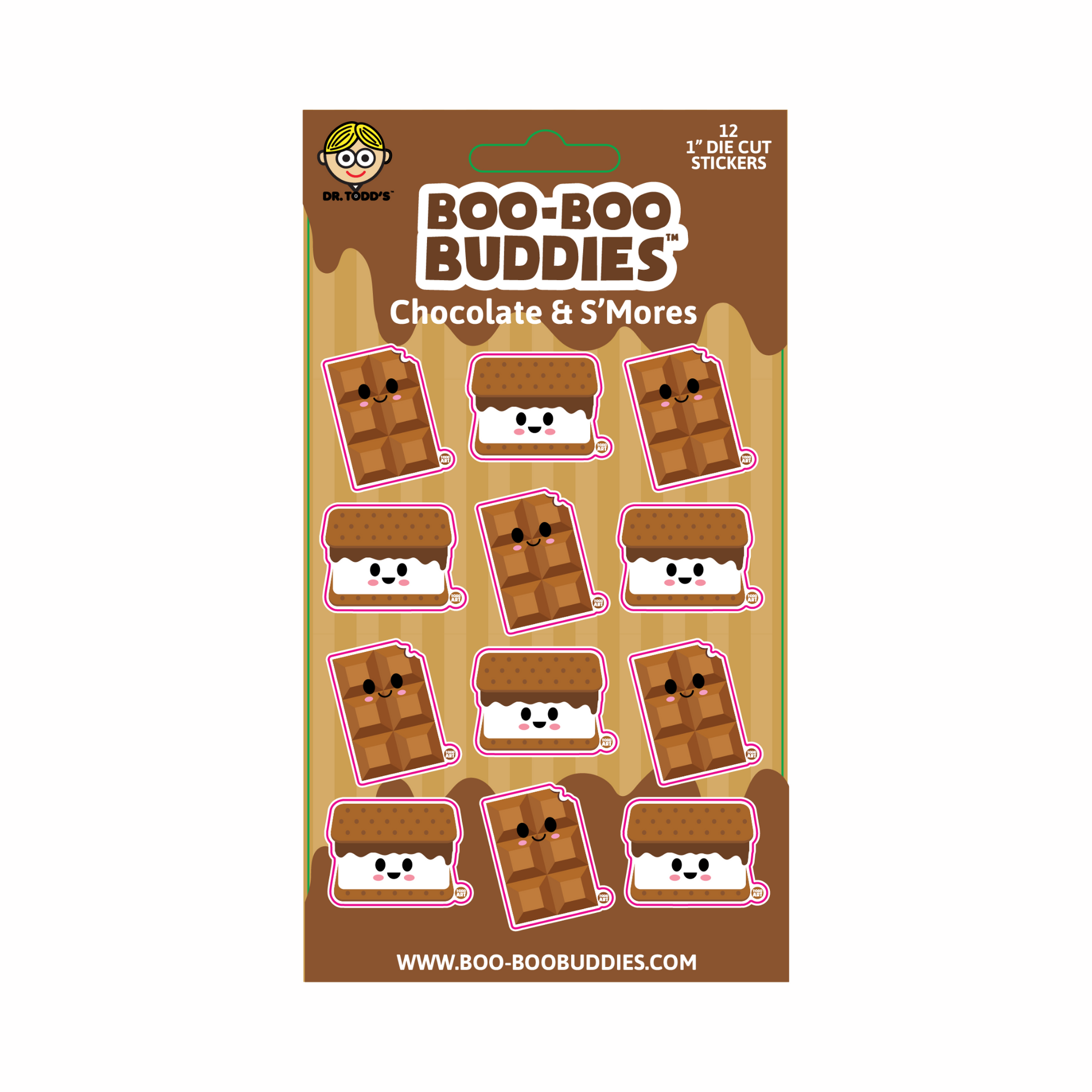 Boo-Boo Buddies® Chocolate & S’mores Sticker Sheet featuring 12 adorable 1-inch dessert stickers—includes smiling chocolate bars and gooey s’mores, great for party favors, crafts, lunchboxes, scrapbooking, and sweet treat fans