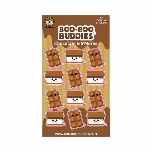Boo-Boo Buddies® Chocolate & S’mores Sticker Sheet featuring 12 adorable 1-inch dessert stickers—includes smiling chocolate bars and gooey s’mores, great for party favors, crafts, lunchboxes, scrapbooking, and sweet treat fans