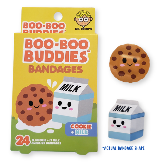Boo Boo Buddies Cookie and Milk boo boo bandages, fun food-themed adhesive bandages for kids, 24-count pack.
