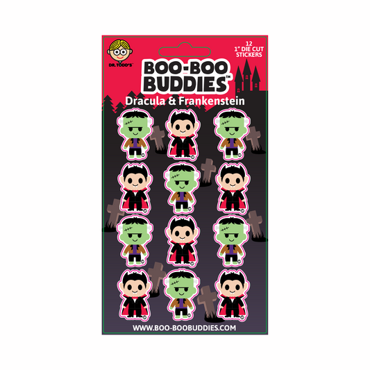 Collectible 1-inch vinyl stickers of cute Dracula and Frankenstein characters from Boo-Boo Buddies — perfect for Halloween crafts, sticker books, treat bags, and kids’ school supplies