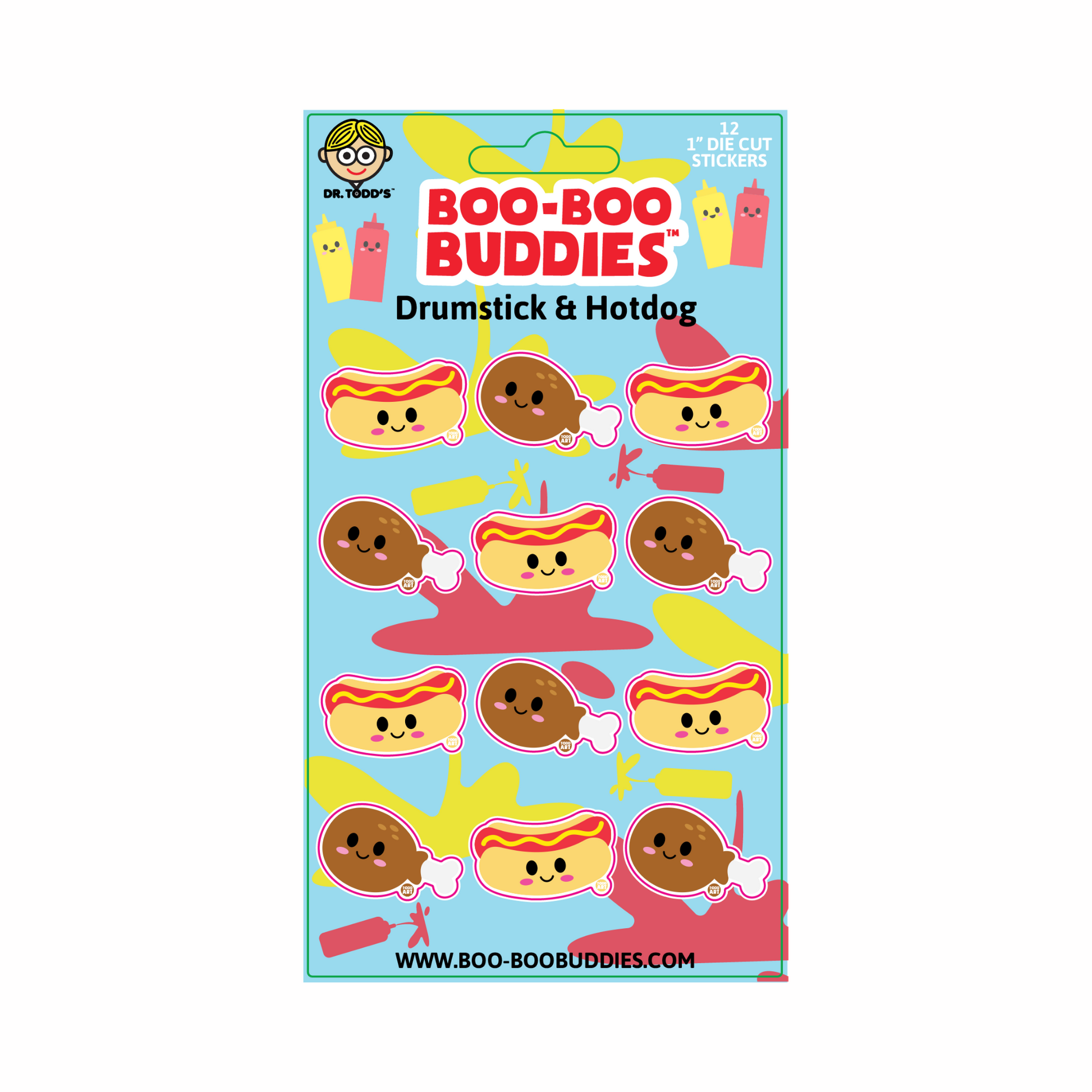 Boo-Boo Buddies® Drumstick & Hotdog Sticker Sheet featuring 12 funny 1-inch food stickers—includes smiling hotdogs with mustard and tasty chicken drumsticks, perfect for party favors, scrapbooking, crafts, and lunchbox surprises