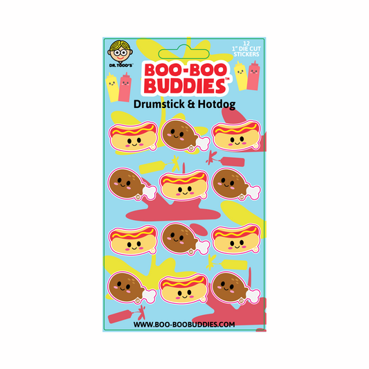 Boo-Boo Buddies® Drumstick & Hotdog Sticker Sheet featuring 12 funny 1-inch food stickers—includes smiling hotdogs with mustard and tasty chicken drumsticks, perfect for party favors, scrapbooking, crafts, and lunchbox surprises