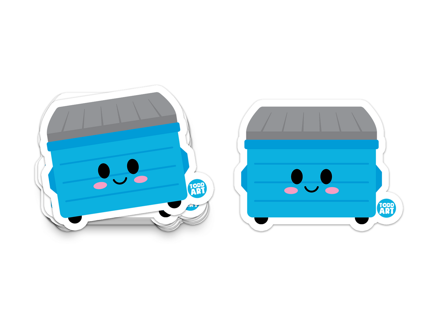 Funny blue dumpster sticker with smiling cartoon face – collectible waterproof vinyl sticker from Boo Boo Buddies