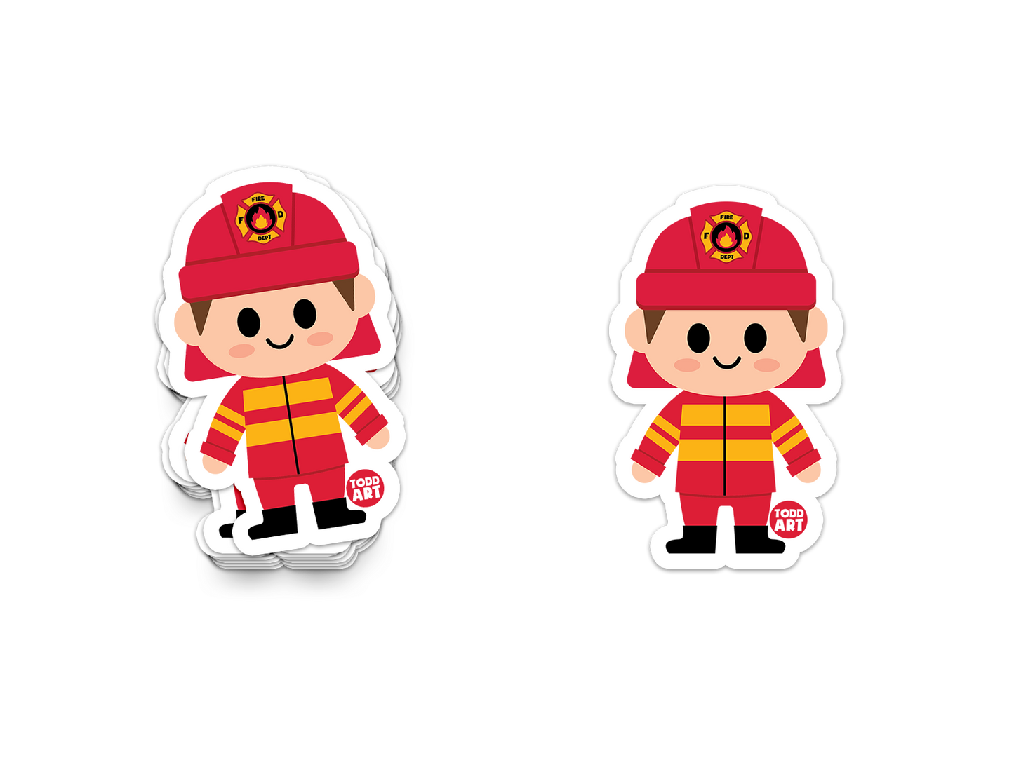 Adorable fireman sticker in red and yellow uniform with helmet