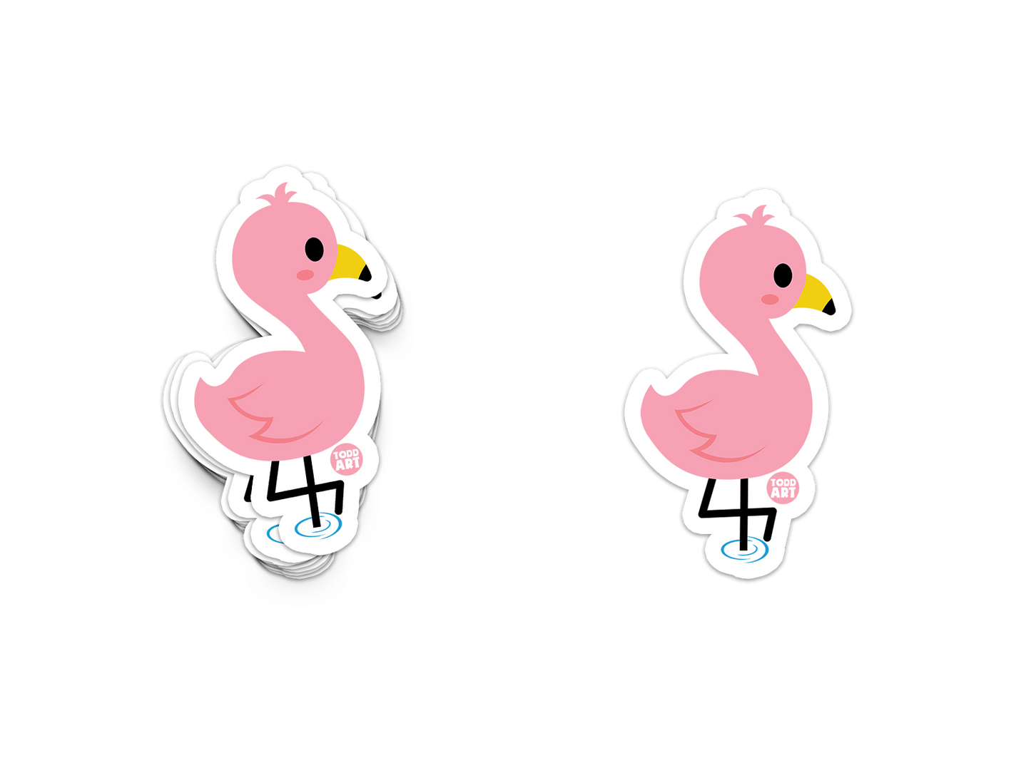 Cheerful standing pink flamingo sticker with yellow beak