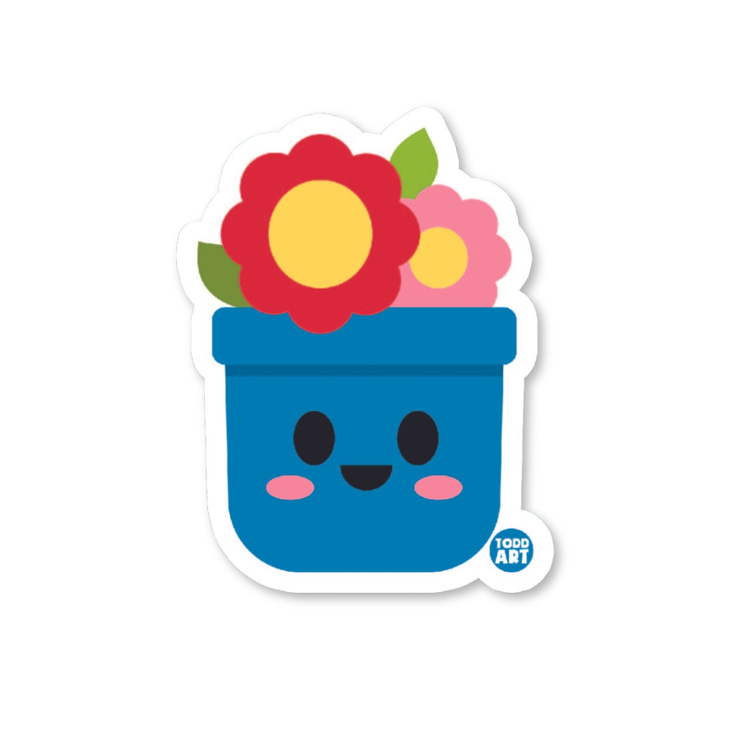 Blue flower pot sticker with colorful smiling flowers
