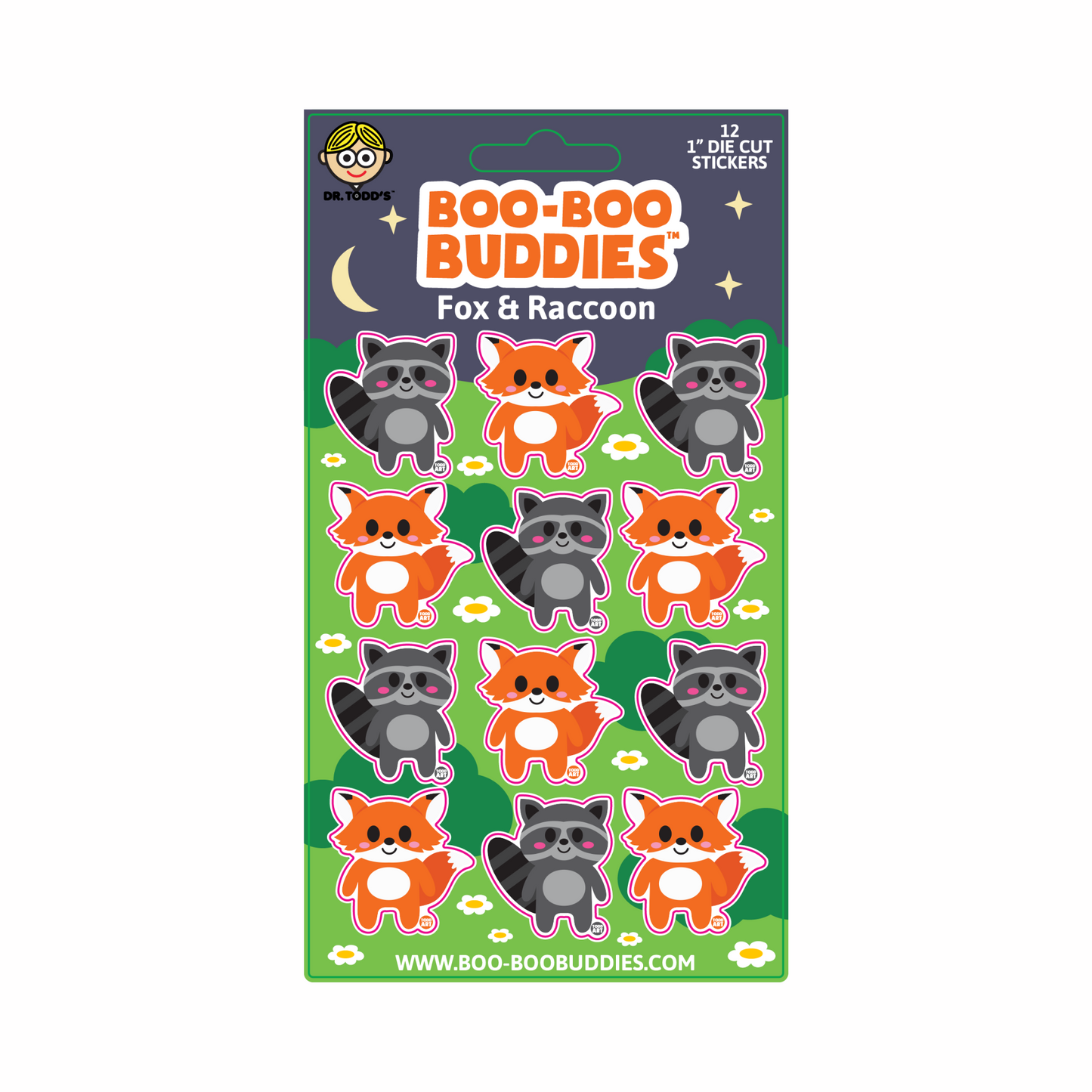 Collectible 1-inch woodland animal stickers of cute foxes and raccoons from Boo-Boo Buddies, perfect for kids’ crafts, planners, sticker books, and gifts