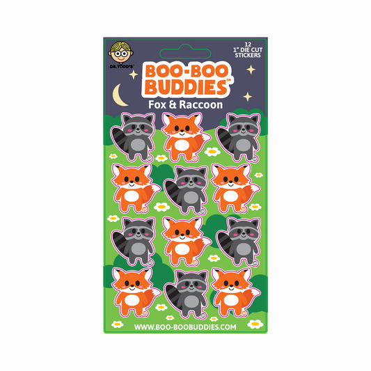 Collectible 1-inch woodland animal stickers of cute foxes and raccoons from Boo-Boo Buddies, perfect for kids’ crafts, planners, sticker books, and gifts