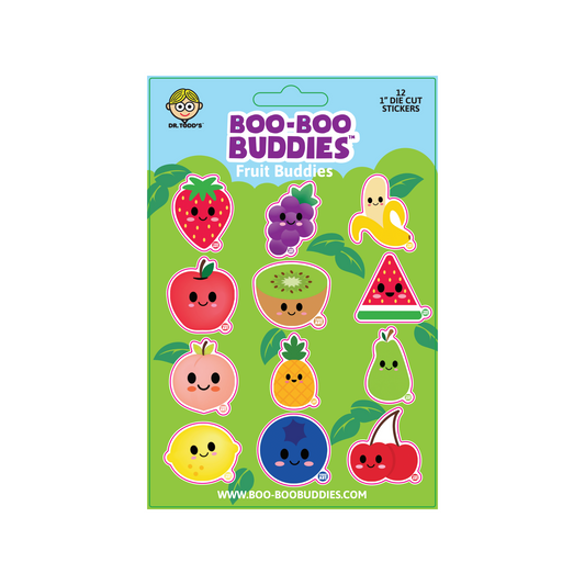 Boo-Boo Buddies® Fruit Buddies Sticker Sheet featuring 12 adorable 1-inch fruit stickers—includes strawberry, banana, watermelon, kiwi, cherry, blueberry, pineapple, and more for planners, crafts, and sticker rewards