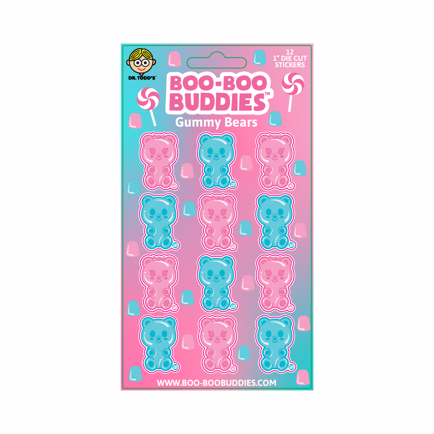 Collectible 1-inch candy-themed vinyl stickers of pink and blue gummy bears from Boo-Boo Buddies — perfect for kids’ crafts, party favors, sticker books, and school supplies