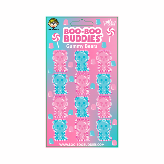Collectible 1-inch candy-themed vinyl stickers of pink and blue gummy bears from Boo-Boo Buddies — perfect for kids’ crafts, party favors, sticker books, and school supplies