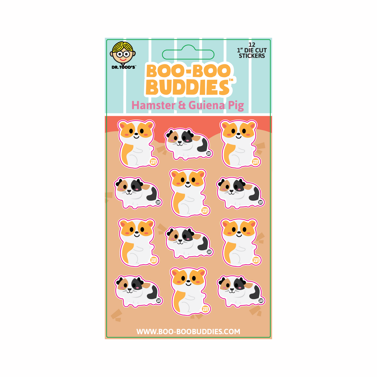 Collectible 1-inch vinyl stickers of cute hamsters and guinea pigs from Boo-Boo Buddies — perfect for kids’ crafts, school supplies, sticker books, and pet-themed gifts