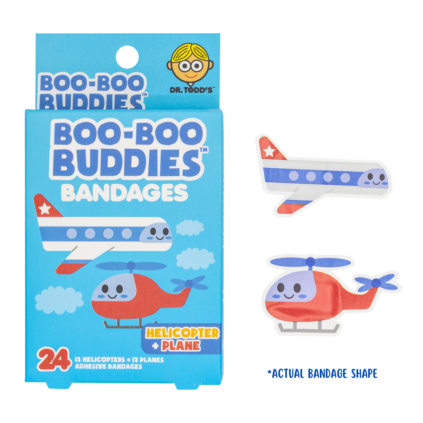 Dr. Todd’s Boo-Boo Buddies® Helicopter and Plane Bandages – 24-count vehicle-themed shaped bandages for kids