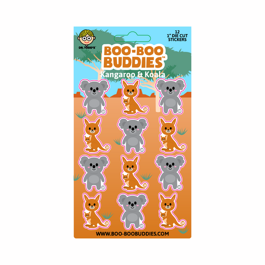 Collectible 1-inch vinyl stickers of kangaroos and koalas from Boo-Boo Buddies — perfect for kids’ crafts, planners, sticker books, and Australia-themed party favors