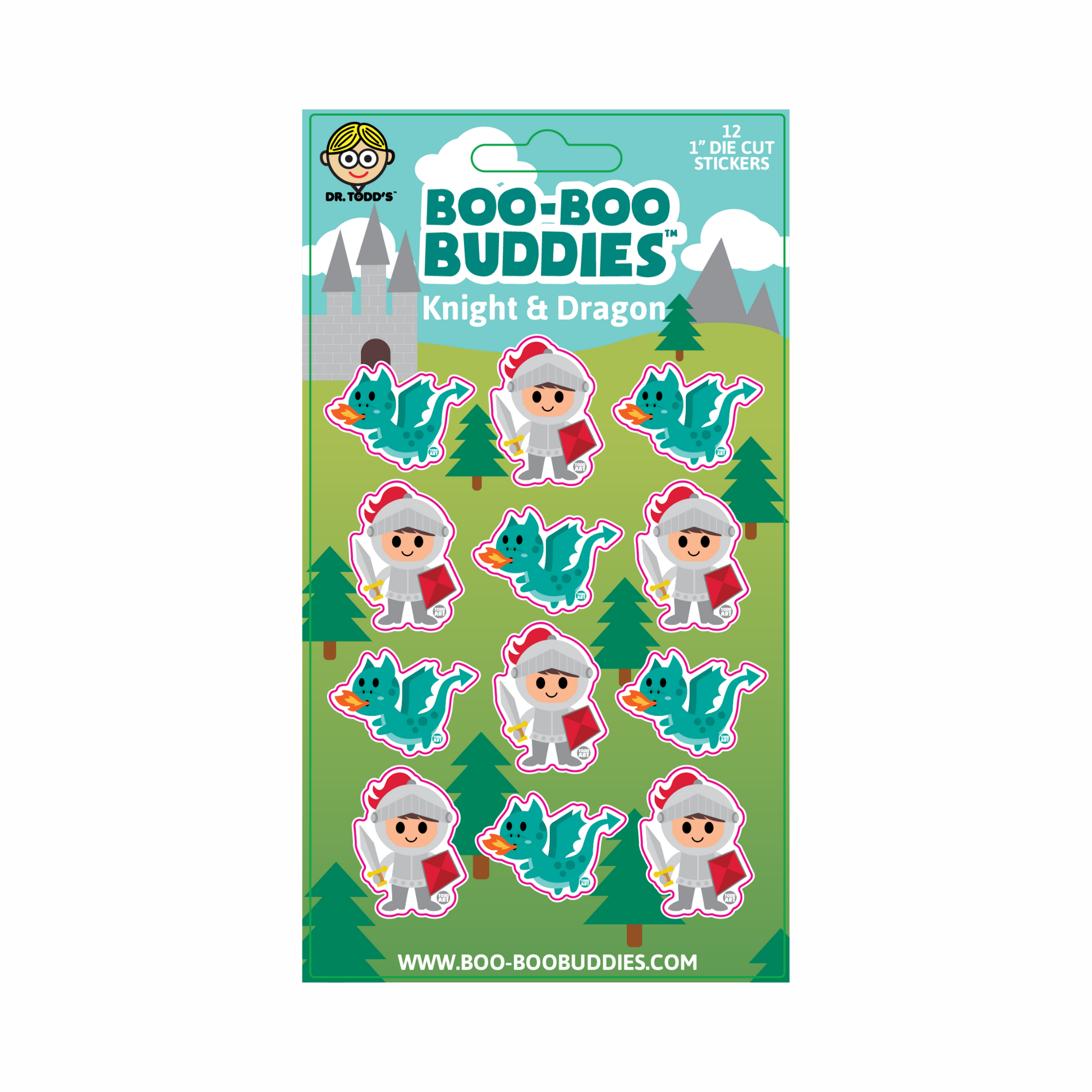 Collectible 1-inch fantasy vinyl stickers of cartoon knights and dragons from Boo-Boo Buddies — perfect for kids’ crafts, sticker books, planners, and medieval-themed party favors
