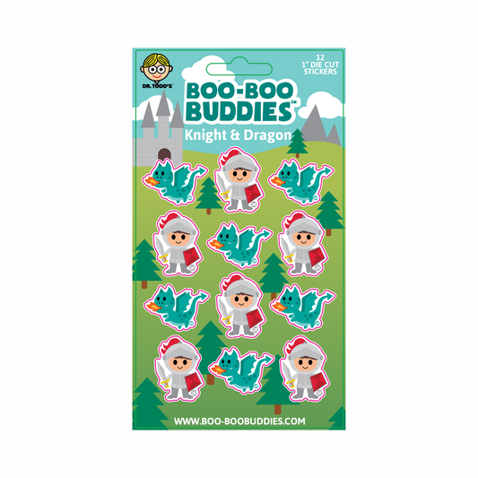 Collectible 1-inch fantasy vinyl stickers of cartoon knights and dragons from Boo-Boo Buddies — perfect for kids’ crafts, sticker books, planners, and medieval-themed party favors