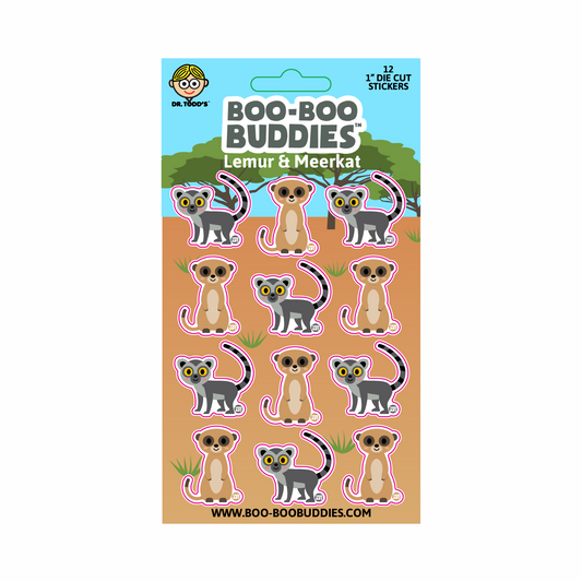 Boo-Boo Buddies® Lemur and Meerkat Sticker Sheet with 12 collectible 1-inch jungle animal stickers—perfect for crafts, school supplies, and imaginative playtime fun