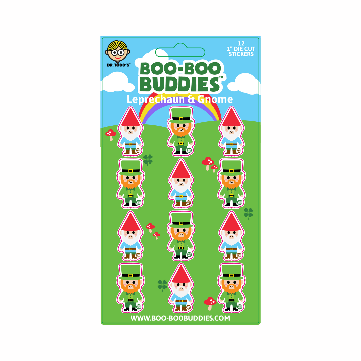 Boo-Boo Buddies® Leprechaun and Gnome Sticker Sheet with 12 collectible 1-inch fantasy character stickers—great for party favors, crafts, classroom rewards, and magical play