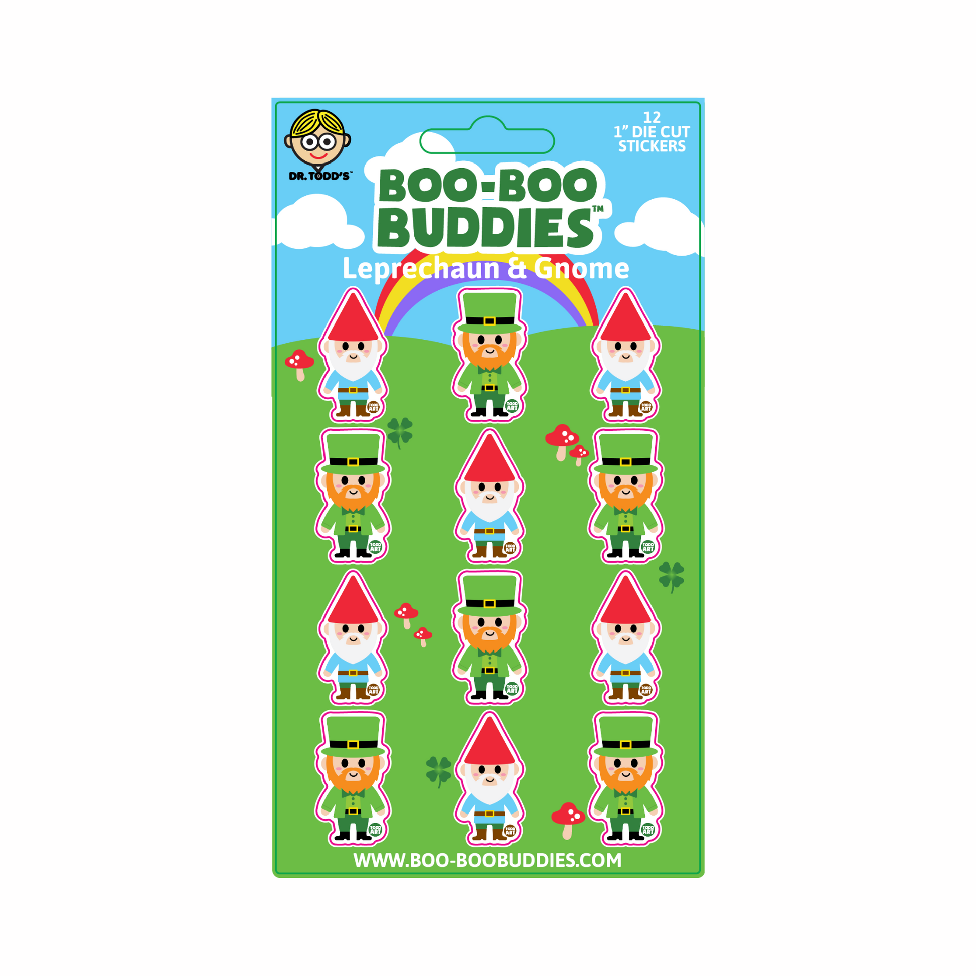 Boo-Boo Buddies® Leprechaun and Gnome Sticker Sheet with 12 collectible 1-inch fantasy character stickers—great for party favors, crafts, classroom rewards, and magical play