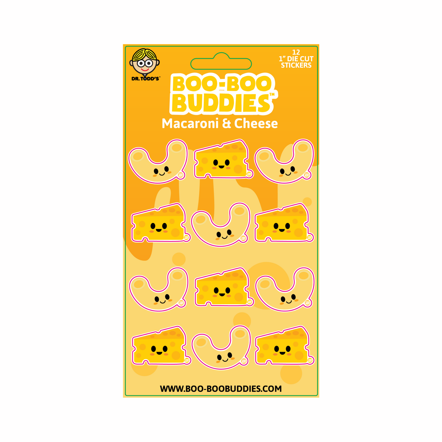 Cute 1-inch vinyl stickers with macaroni noodles and smiling cheese—perfect for lunchboxes, water bottles, crafts, and party favors.