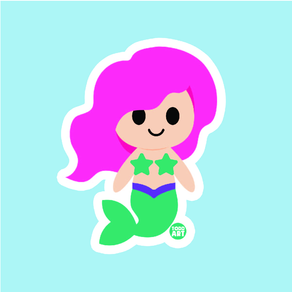 Kawaii-style mermaid sticker with pink hair and seashell top, perfect for kids’ crafts, notebooks, and water bottles