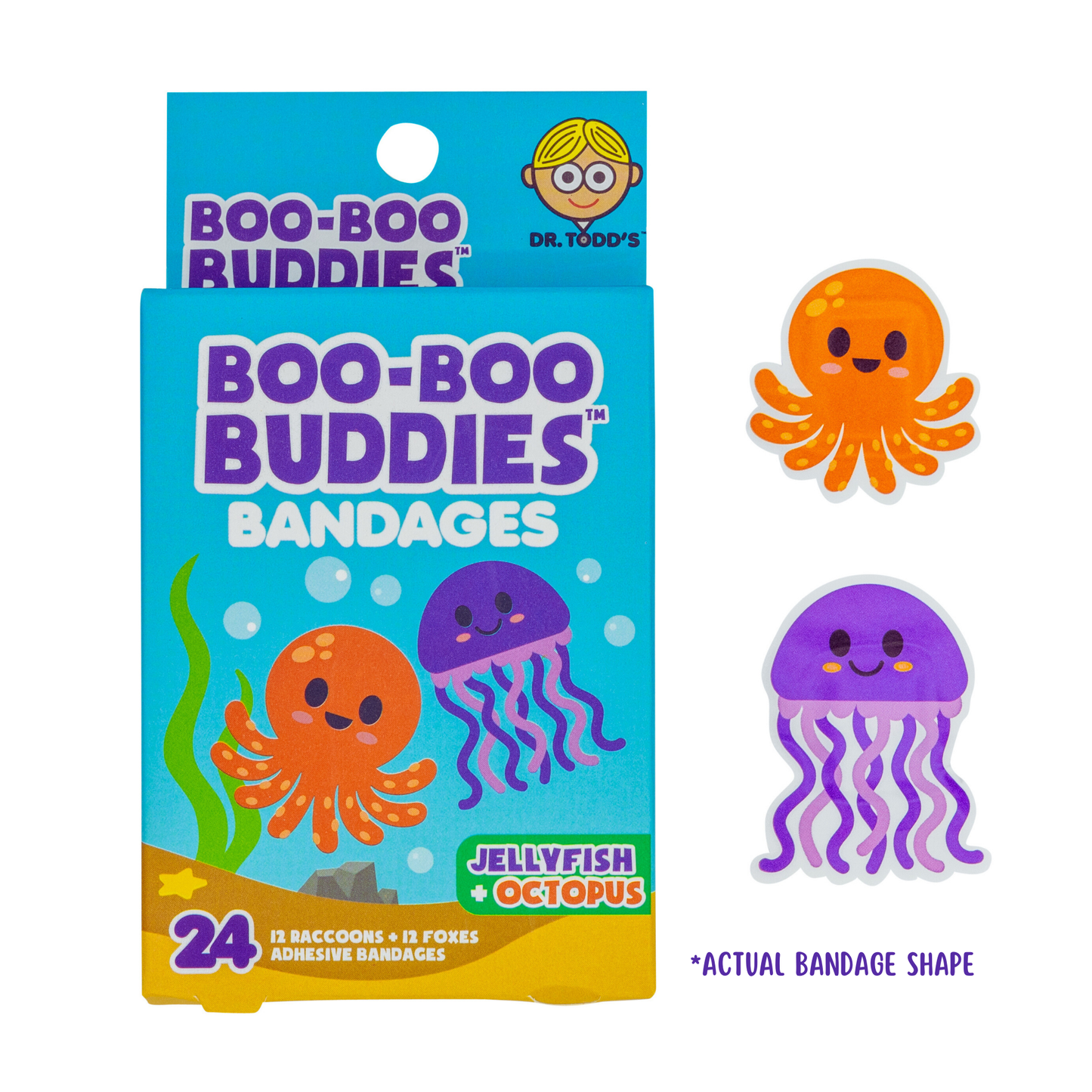 Dr. Todd’s Boo-Boo Buddies® Octopus and Jellyfish Bandages – 24-count ocean animal-themed bandages for kids