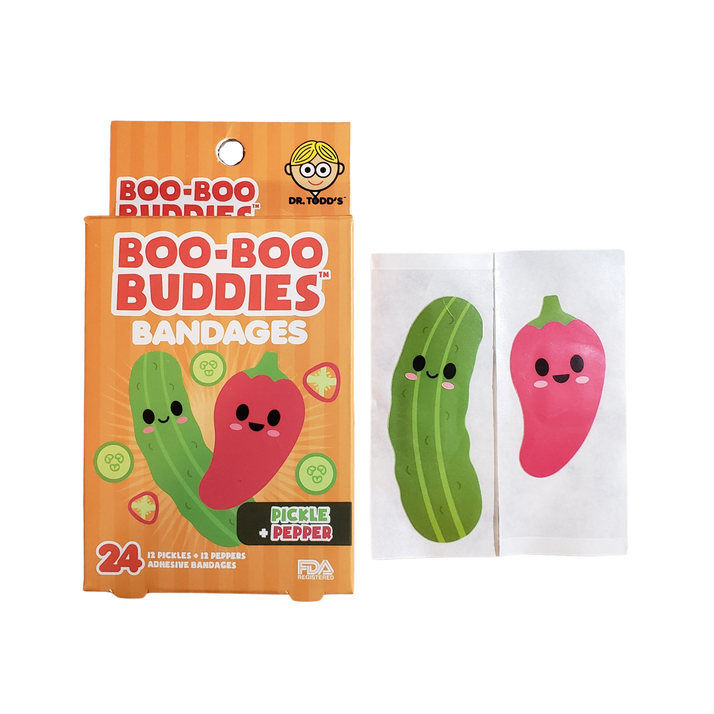 Pickle & Pepper Bandages for Kids – Waterproof, Latex-Free, 24 Count | Dr. Todd’s Boo-Boo Buddies®