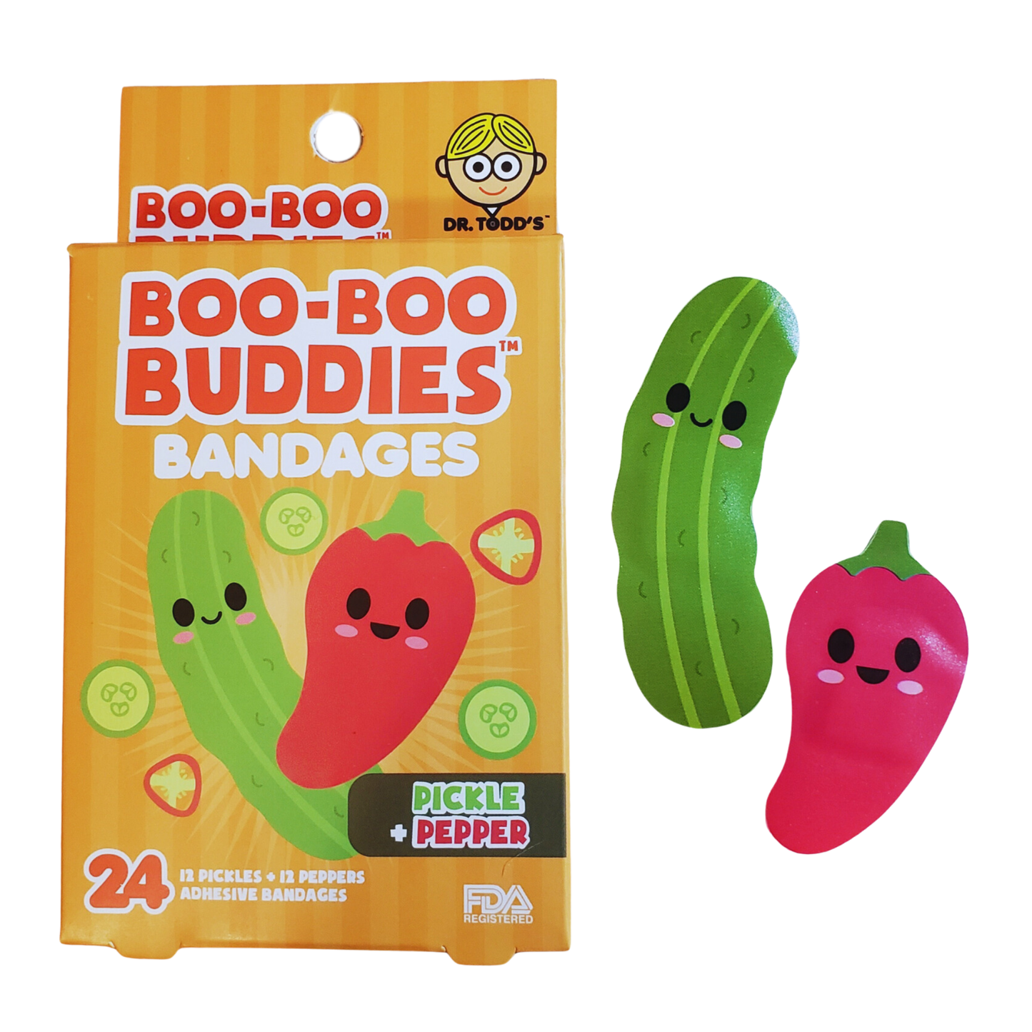 Pickle & Pepper Bandages for Kids – Waterproof, Latex-Free, 24 Count | Dr. Todd’s Boo-Boo Buddies®