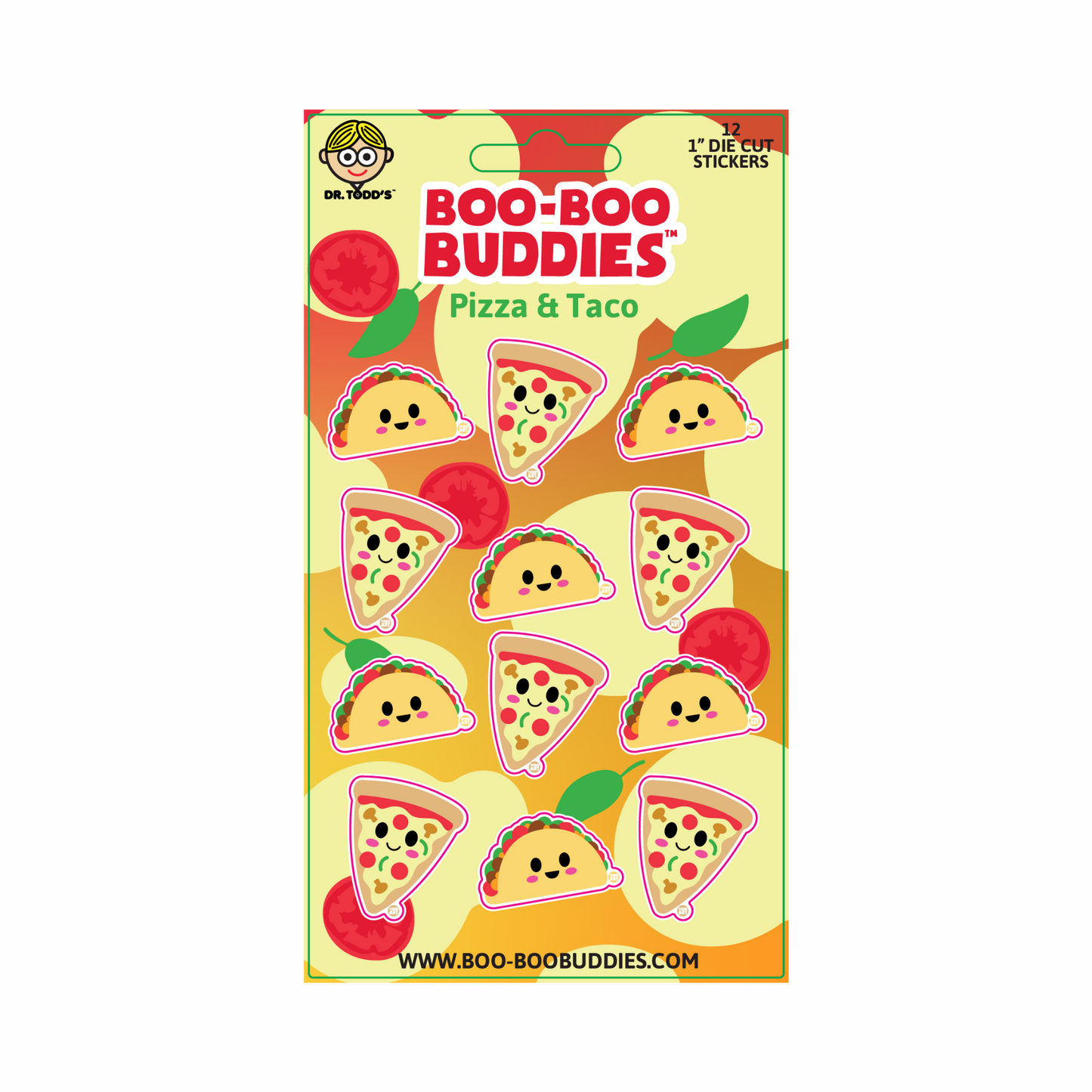 Collectible 1-inch vinyl stickers of cute pizza slices and tacos from Boo-Boo Buddies — perfect for kids’ crafts, lunchboxes, sticker books, and school supplies
