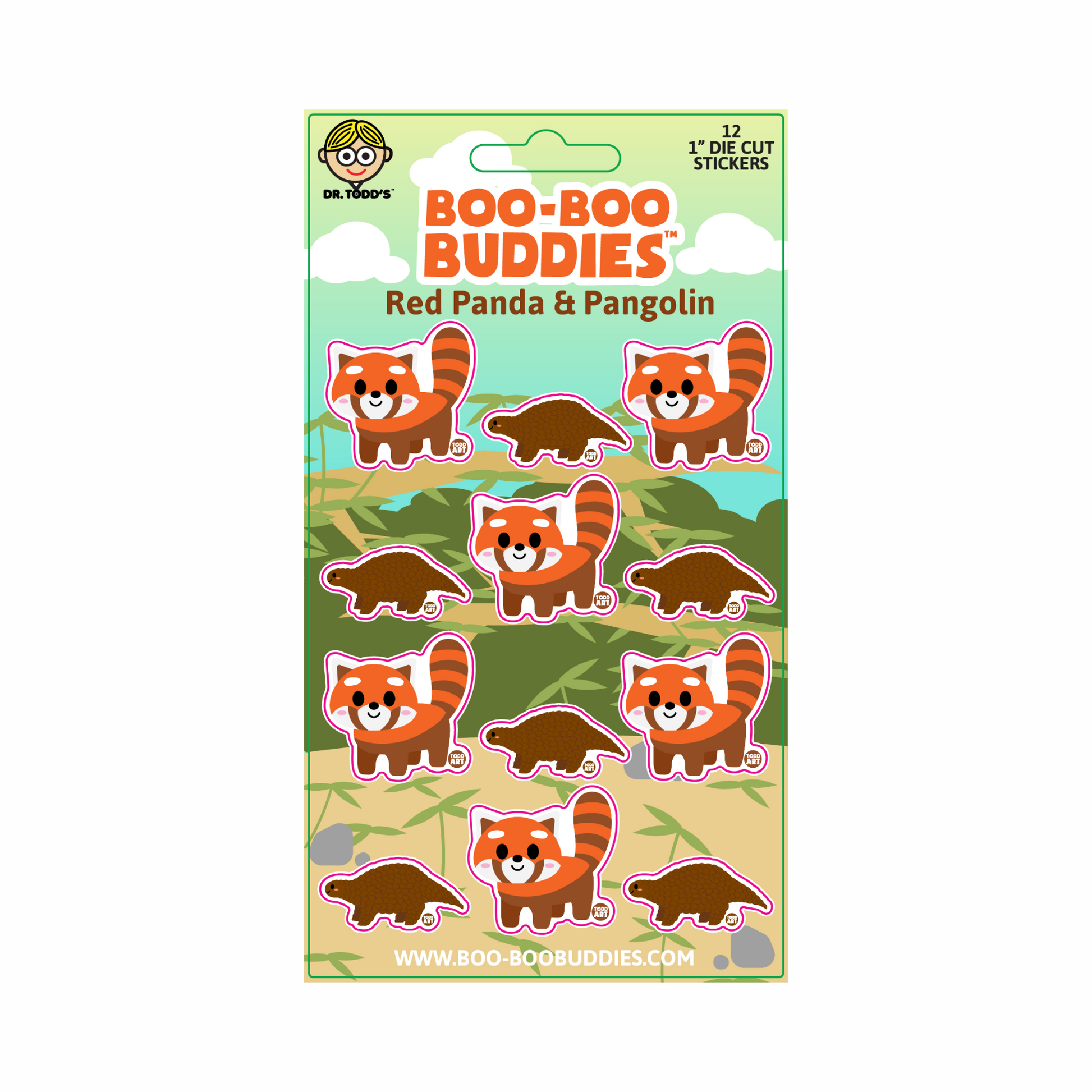 Boo-Boo Buddies® Red Panda & Pangolin Sticker Sheet featuring 12 adorable 1-inch animal stickers—includes 6 red pandas and 6 pangolins for wildlife-themed crafts, party favors, and sticker collections