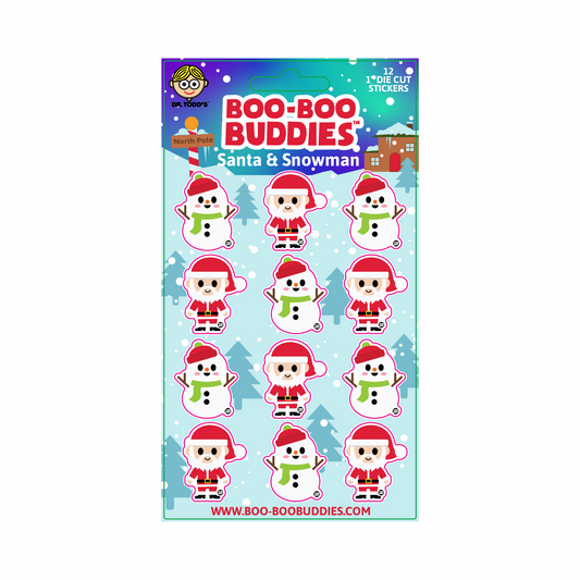 Collectible 1-inch holiday stickers of Santa and snowmen from Boo-Boo Buddies — perfect for kids’ crafts, sticker books, gift bags, and festive school supplies