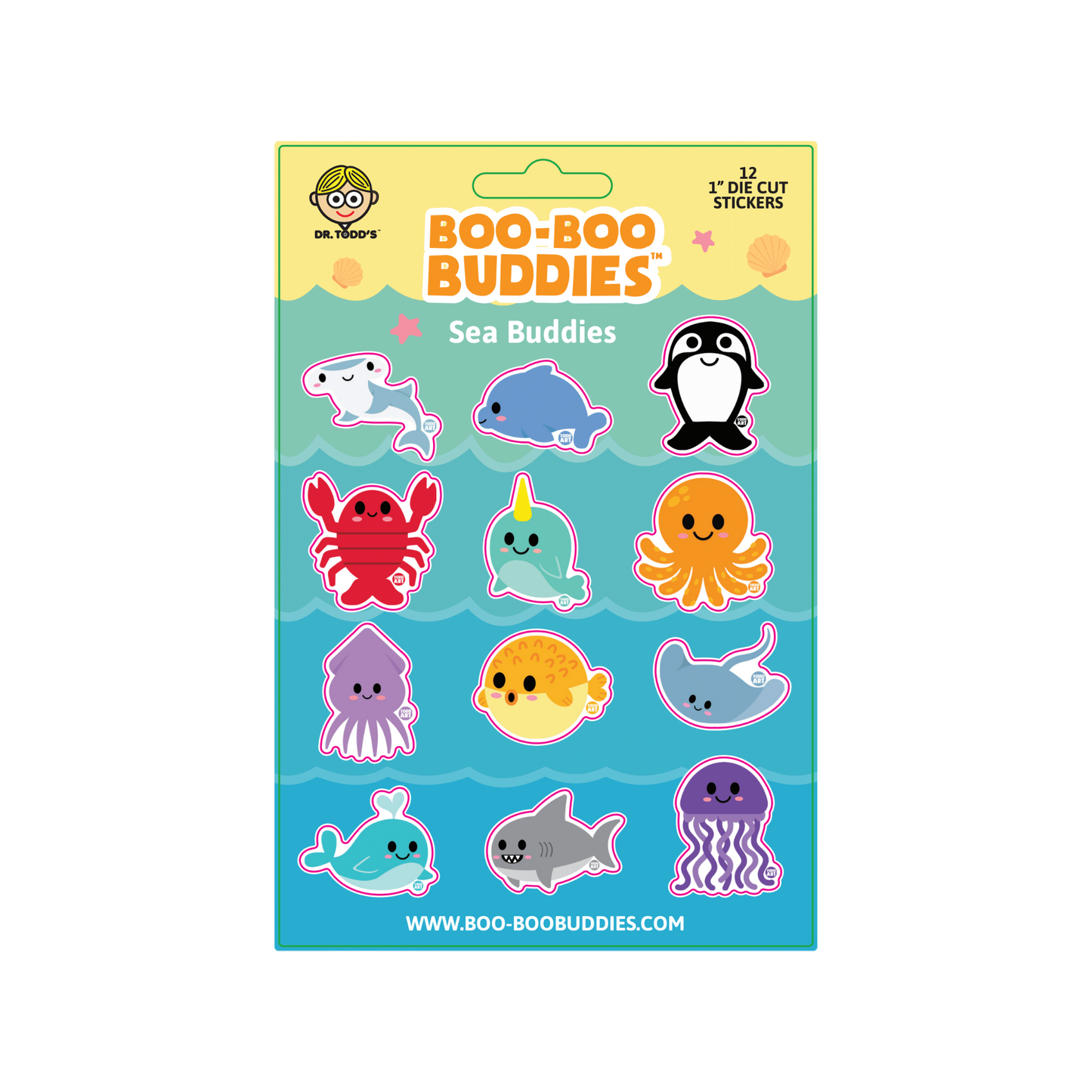 Boo-Boo Buddies® Sea Buddies Sticker Sheet with 12 ocean-themed 1-inch stickers—includes dolphin, shark, octopus, crab, turtle, and more for kids’ crafts, party favors, and underwater animal lovers