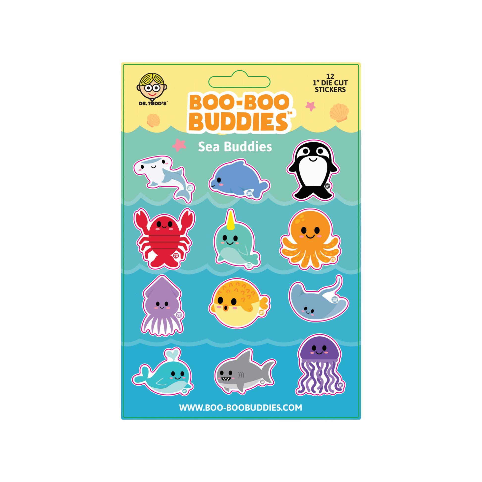 Boo-Boo Buddies® Sea Buddies Sticker Sheet with 12 ocean-themed 1-inch stickers—includes dolphin, shark, octopus, crab, turtle, and more for kids’ crafts, party favors, and underwater animal lovers