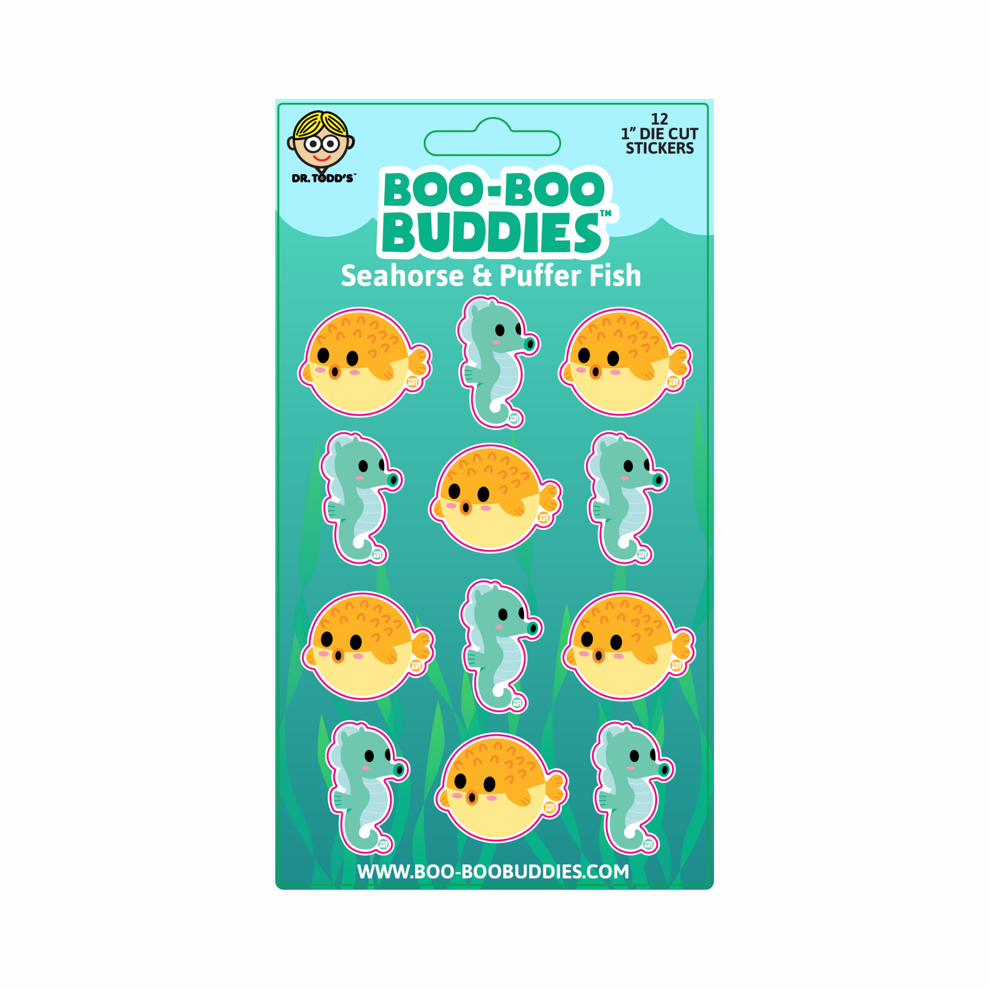 Collectible 1-inch ocean-themed vinyl stickers featuring cute seahorses and puffer fish from Boo-Boo Buddies — perfect for kids’ crafts, sticker books, school supplies, and water bottles