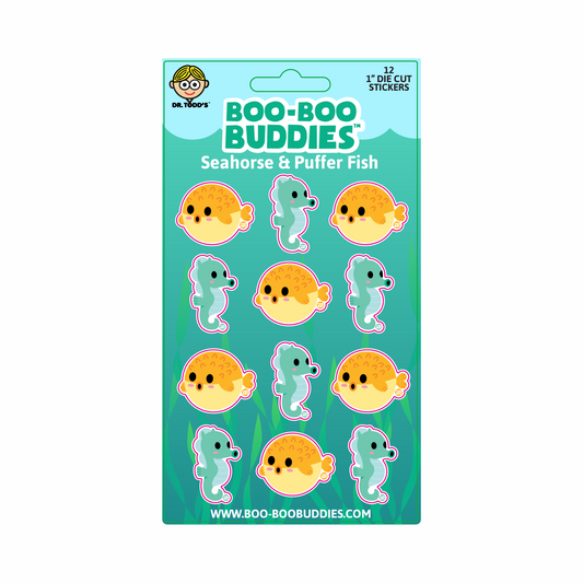 Collectible 1-inch ocean-themed vinyl stickers featuring cute seahorses and puffer fish from Boo-Boo Buddies — perfect for kids’ crafts, sticker books, school supplies, and water bottles