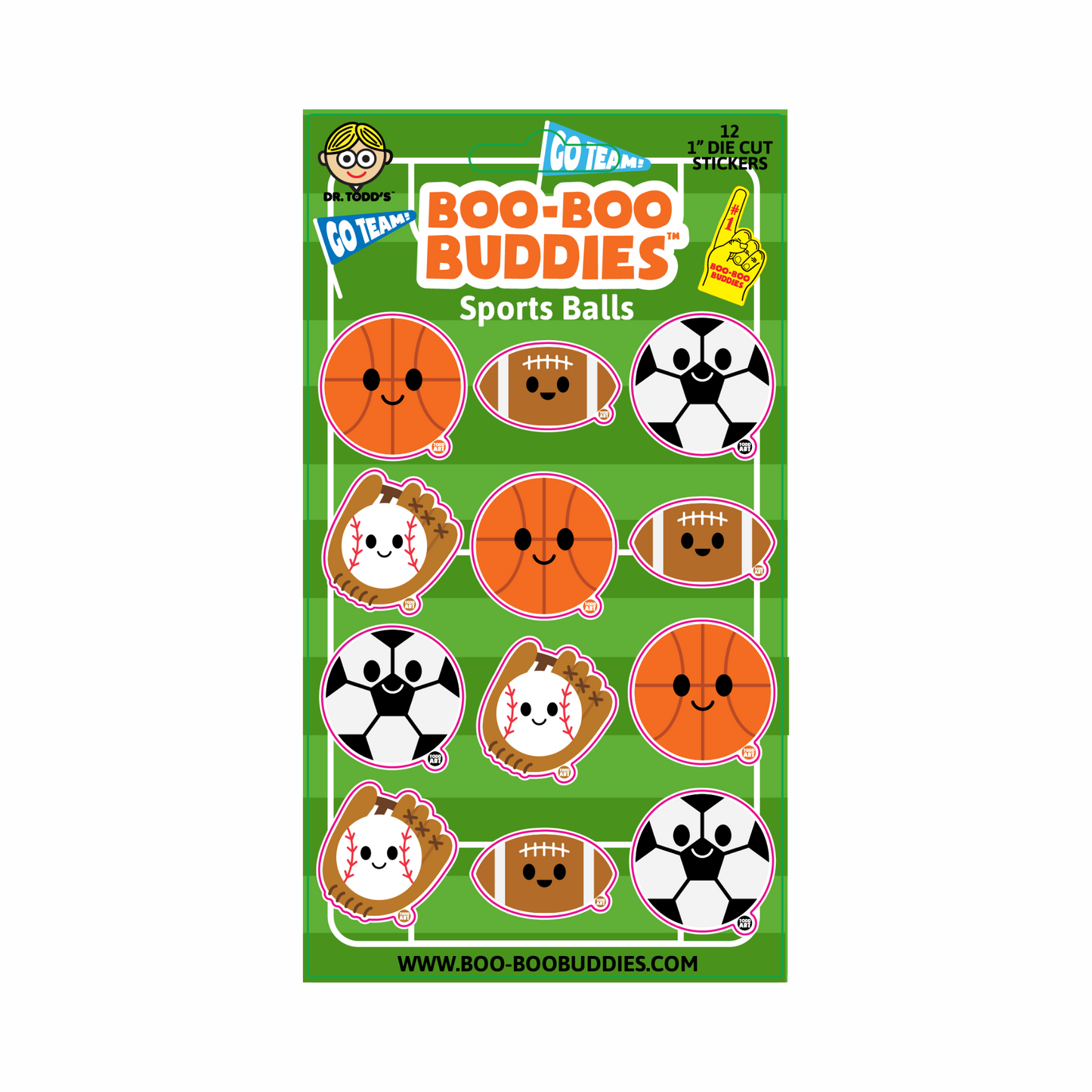 12 vinyl stickers with baseball glove, basketball, soccer ball, and football – perfect for kids, notebooks, and crafts.
