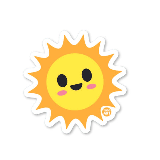 Cute kawaii sun vinyl sticker — glossy 3″ die‑cut with smiling face and sunbeams for cheerful collections