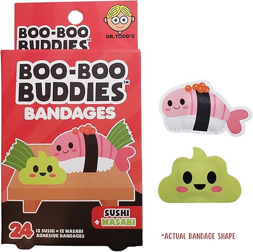 2-Pack Boo Boo Buddie Sushi & Wasabi, Pickle & Pepper Bandages – 24 Ct Each | Fun Shapes for Kids & Adults | Latex-Free, Waterproof, Gentle on Skin | First Aid Kit Essential