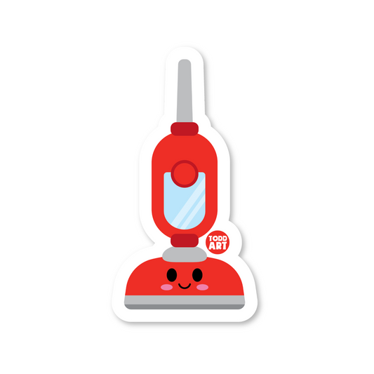 Cute kawaii vacuum cleaner vinyl sticker — glossy 3″ die‑cut with smiling design, perfect for fun sticker collections