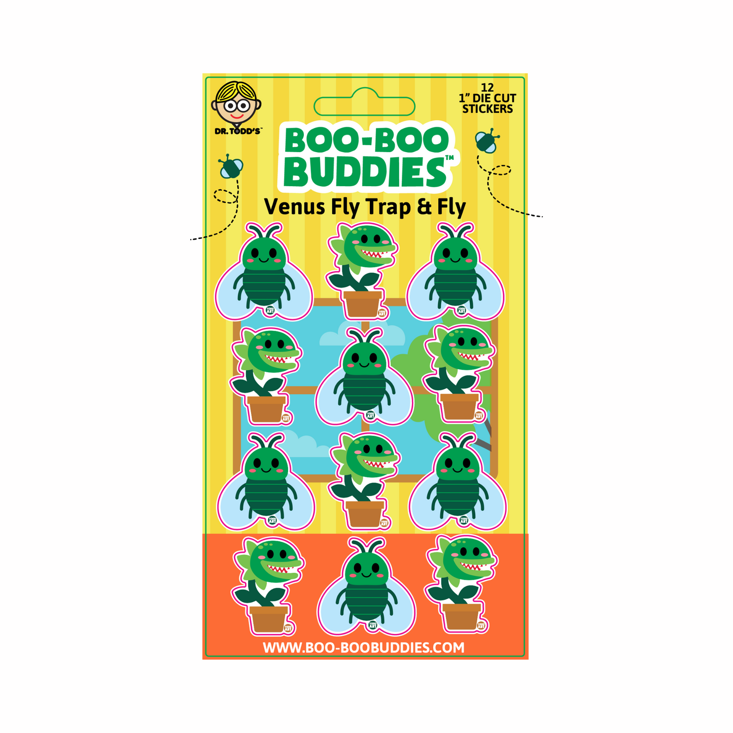 Boo-Boo Buddies® Venus Fly Trap and Fly sticker sheet featuring 12 fun 1-inch vinyl stickers with smiling cartoon flies and hungry Venus flytraps in colorful plant pots