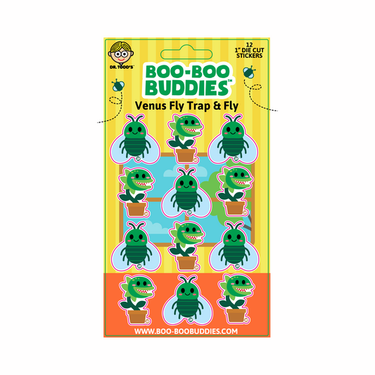 Boo-Boo Buddies® Venus Fly Trap and Fly sticker sheet featuring 12 fun 1-inch vinyl stickers with smiling cartoon flies and hungry Venus flytraps in colorful plant pots
