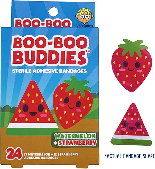 Boo Boo Buddies Kids Bandages โ Watermelon + Strawberry, Peanut Butter + Jelly Shapes | 24 Count Each | Waterproof, Latex-Free Adhesive Bandages for Sensitive Skin, First Aid Kit, Party Favors, Stock
