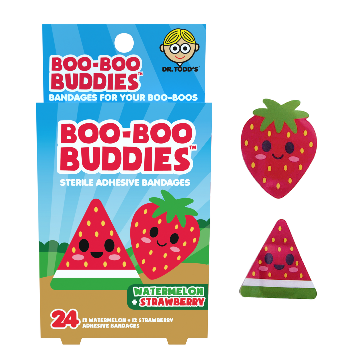 2-Pack Boo Boo Buddies Kids Bandages – Watermelon + Strawberry, Peanut Butter + Jelly Shapes | 24 Count Each | Waterproof, Latex-Free Adhesive Bandages for Sensitive Skin, First Aid Kit, Party Favors, Stock