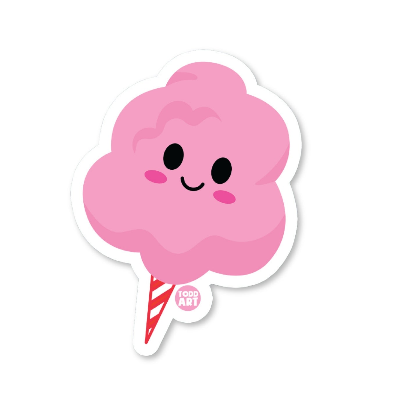 Fluffy pink cotton candy sticker with a cute face and striped stick