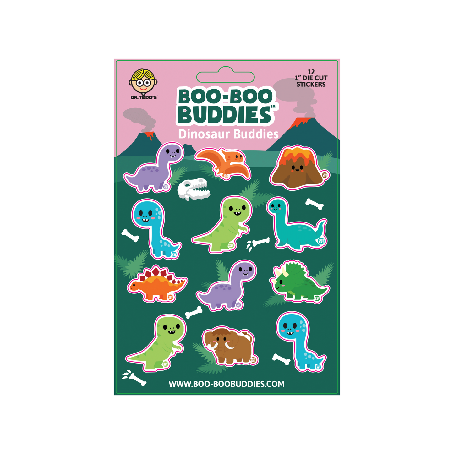 Boo-Boo Buddies® Dinosaur Buddies Sticker Sheet featuring 12 cute 1-inch dino stickers—includes T-Rex, Triceratops, Stegosaurus, volcano, fossils, and more for party favors, learning games, and crafts