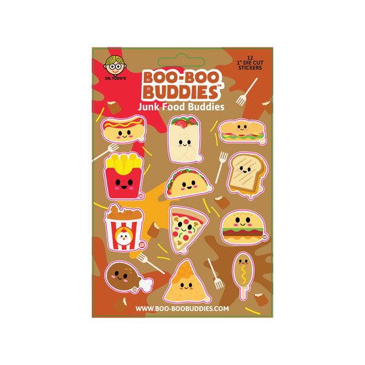 Boo-Boo Buddies® Junk Food Buddies Sticker Sheet featuring 12 cute 1-inch snack stickers—includes pizza, fries, taco, burger, popcorn, sandwich, chicken leg, and more for lunchbox notes, crafts, and party favors