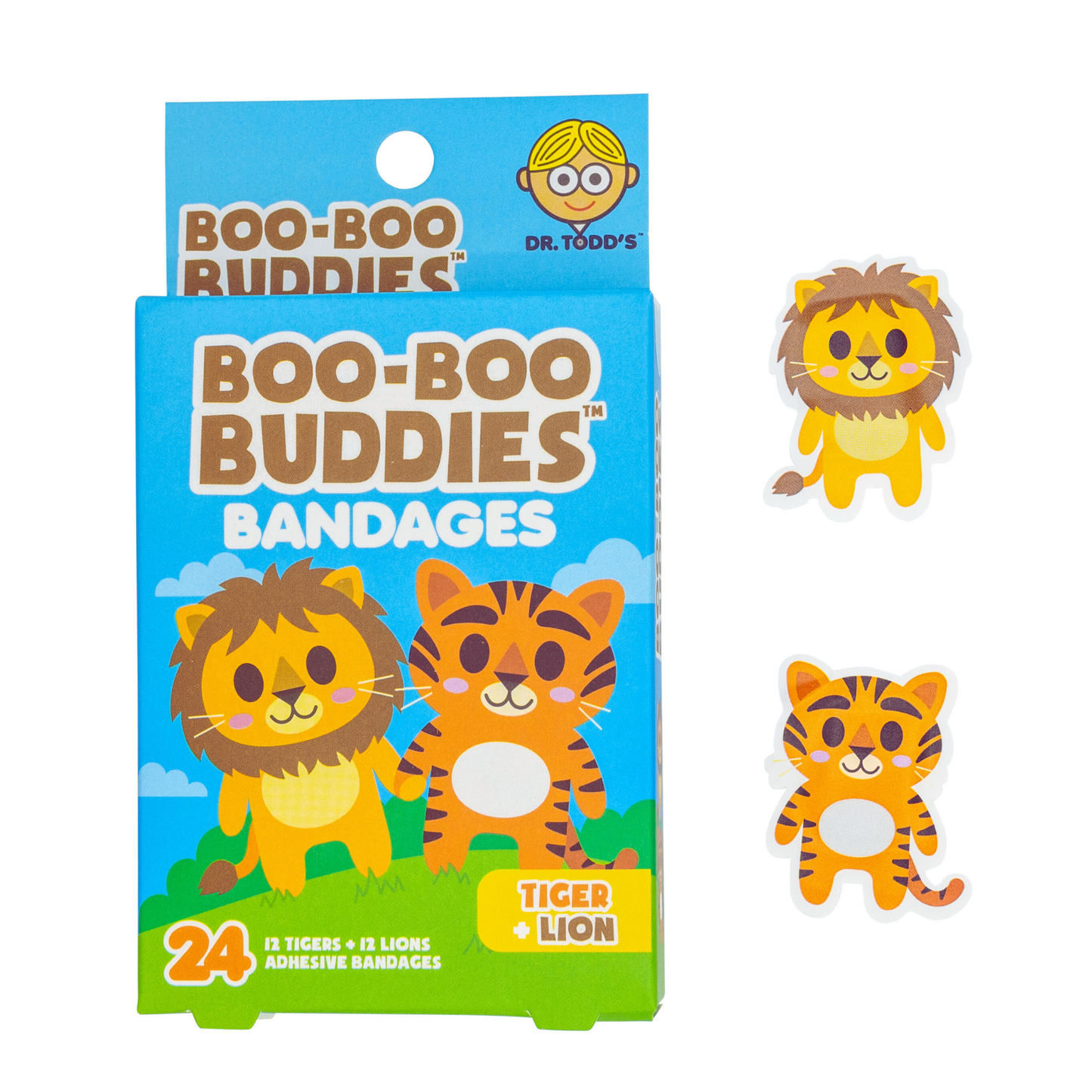 Dr. Todd’s Boo-Boo Buddies® Tiger and Lion Bandages – 24-Count Jungle Animal Shaped Bandages for Kids